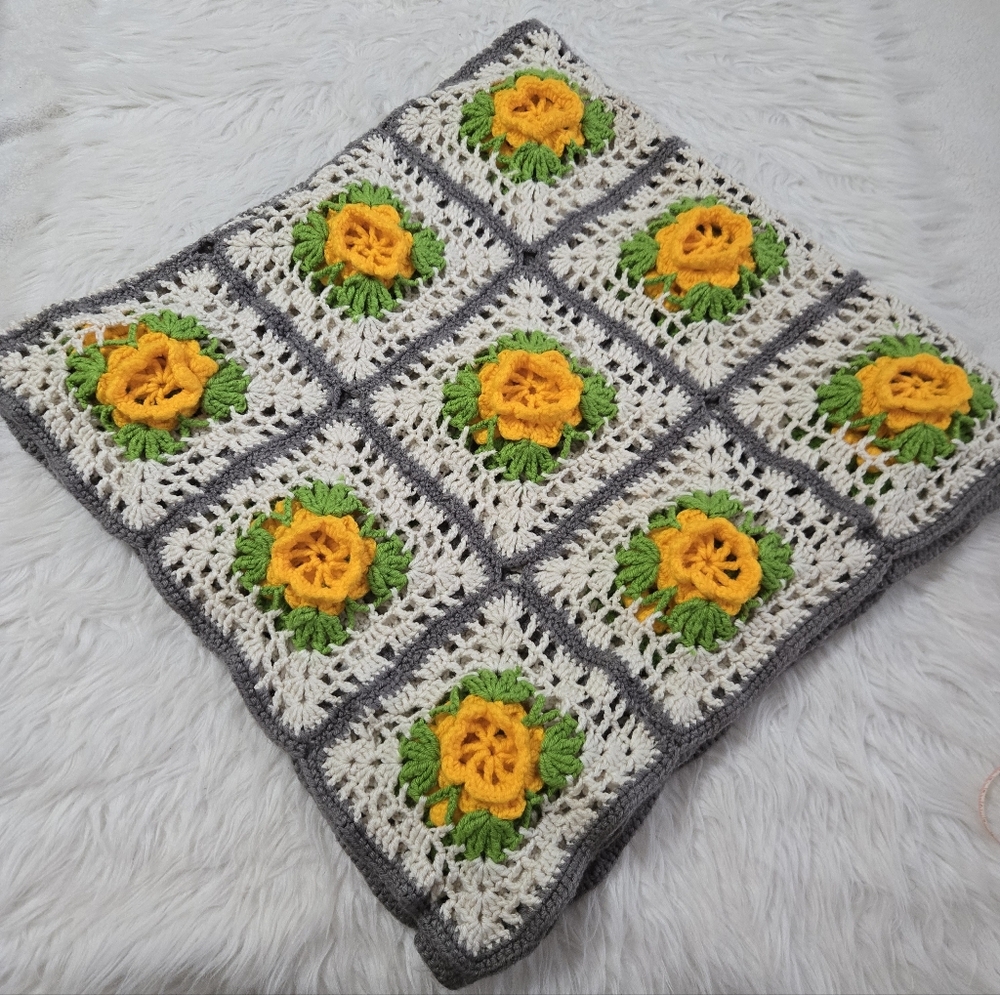 Handmade Crochet Granny Square Blanket 3D Yellow Rose Floral Grey Cream 24x23